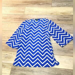 Lauren Ralph Lauren Blue Chevron Print 100% Silk Bell Sleeve Tunic Top Xsmall